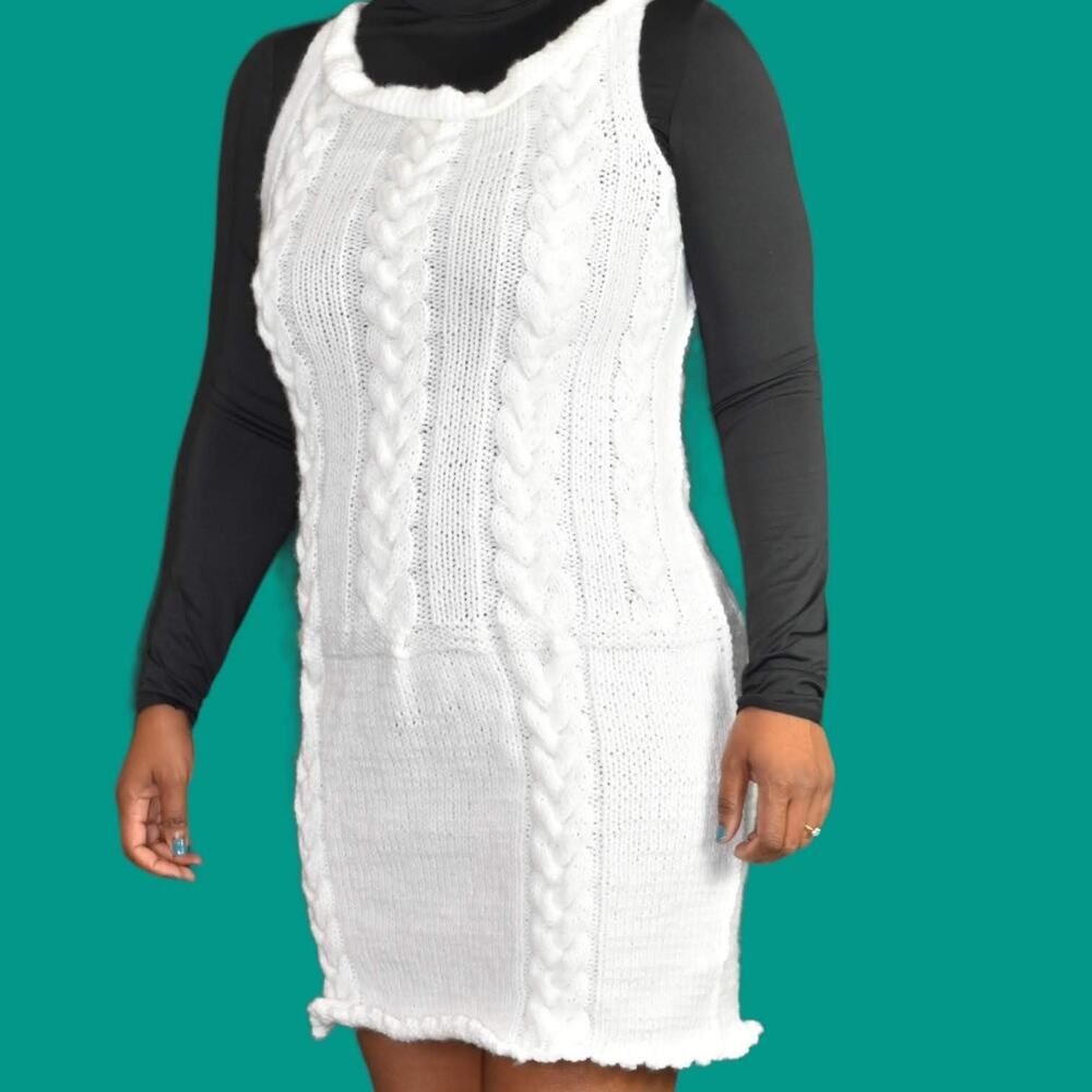 Sweater Knit Dress White Handmade Chunky Cable Sleeveless Mini Pencil Size Small